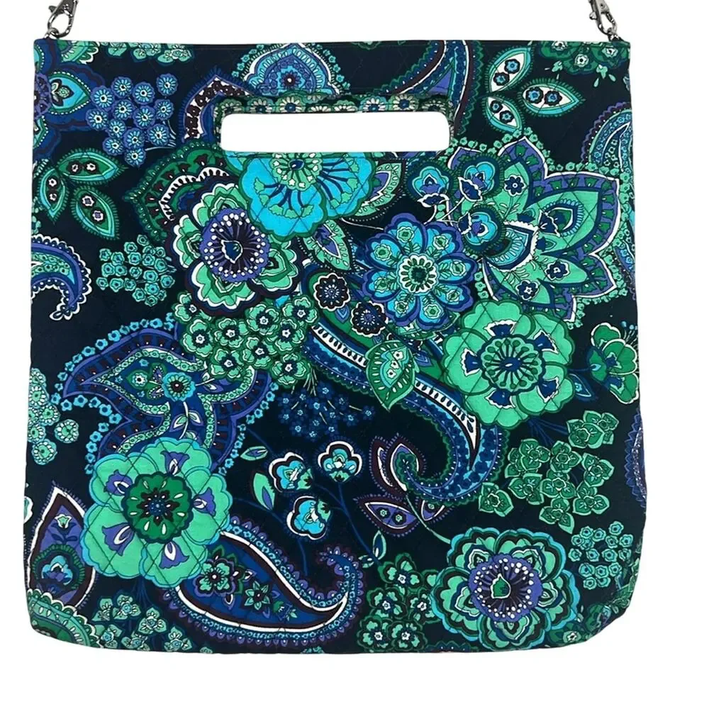 Vera Bradley Crossbody Tote Bag Rhapsody Blue Green Quilted Floral Paisley 70s